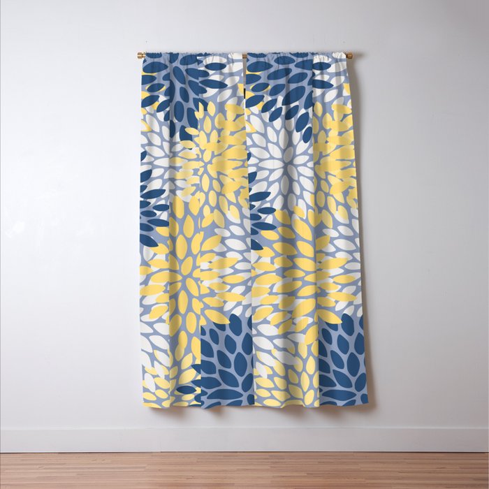 Modern Flowers Print, Yellow, White and Blue Window Curtain Gallery Image 3