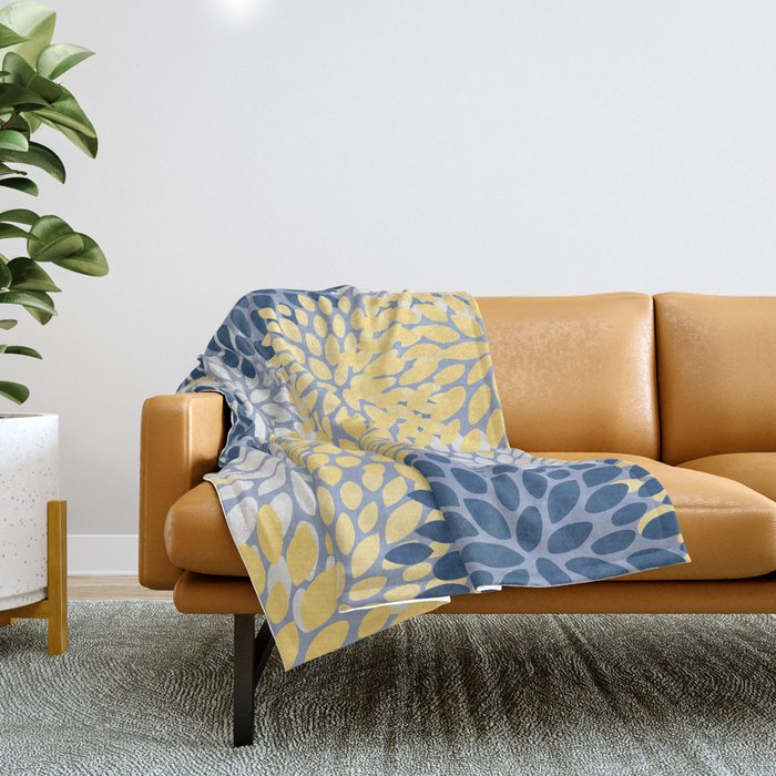 Modern Flowers Print, Yellow, White and Blue Throw Blanket Gallery Image 1