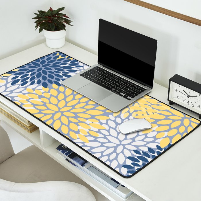 Modern Flowers Print, Yellow, White and Blue Desk Mat Gallery Image 2