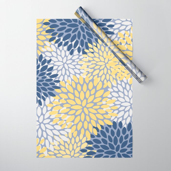 Modern Flowers Print, Yellow, White and Blue Wrapping Paper Gallery Image 1