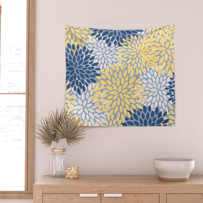 Modern Flowers Print, Yellow, White and Blue Wall Tapestry Gallery Image 2