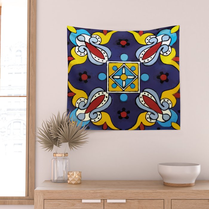 Abstract blue cruz mexican modern talavera tile wall Wall Tapestry Gallery Image 2