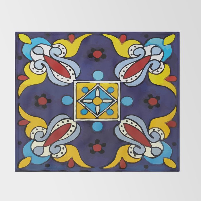 Abstract blue cruz mexican modern talavera tile wall Throw Blanket Gallery Image 2
