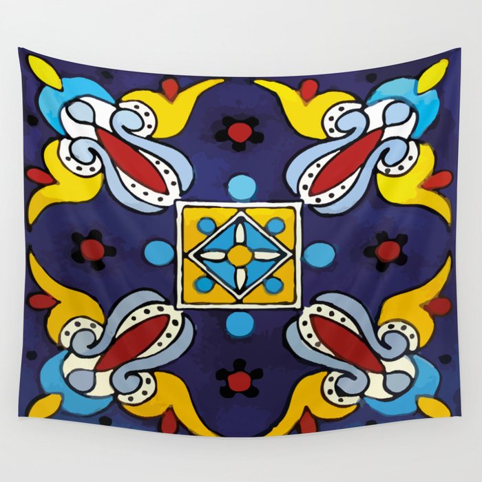 Abstract blue cruz mexican modern talavera tile wall Wall Tapestry Gallery Image 4