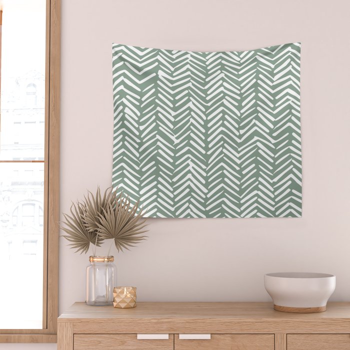 Herringbone, Green, Boho Art Wall Tapestry Gallery Image 2