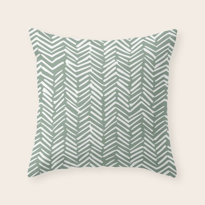 Herringbone, Green, Boho Art Throw Pillow Gallery Image 1