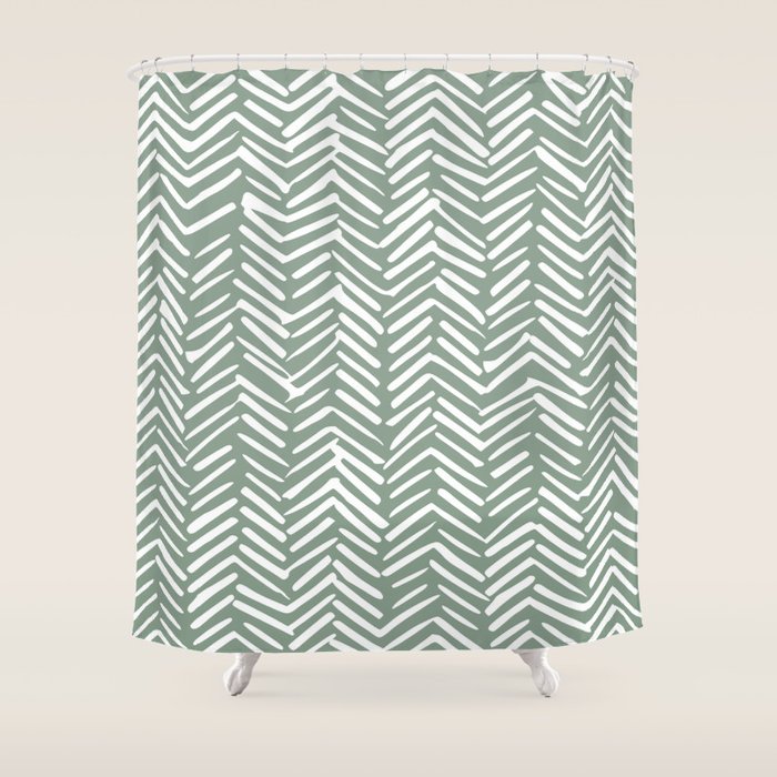 Herringbone, Green, Boho Art Shower Curtain Gallery Image 1