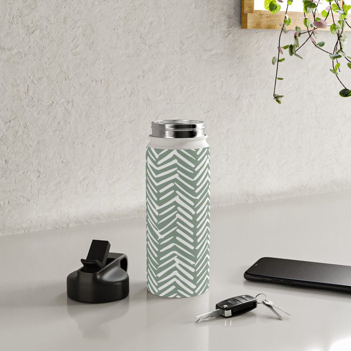 Herringbone, Green, Boho Art Water Bottle Gallery Image 4