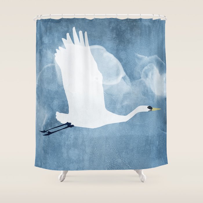 White Egret in Flight Illustration Wings Up  Shower Curtain Gallery Image 1