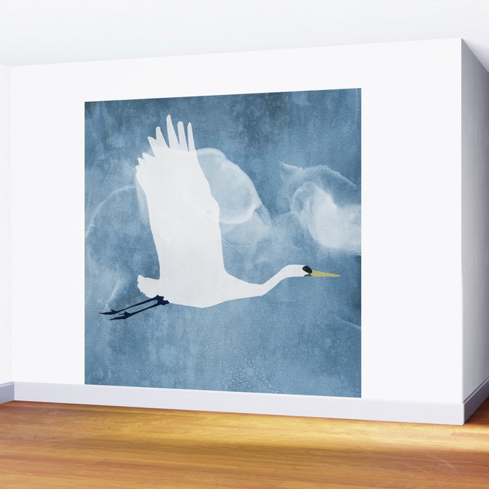 White Egret in Flight Illustration Wings Up  Wall Mural Gallery Image 2