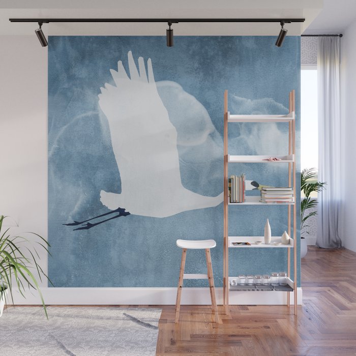 White Egret in Flight Illustration Wings Up  Wall Mural Gallery Image 1