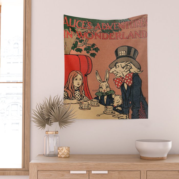 Vintage Alice's Adventures in Wonderland Book Cover Wall Tapestry Gallery Image 2