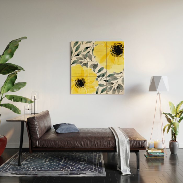 Big yellow watercolor flowers Wood Wall Art Gallery Image 2