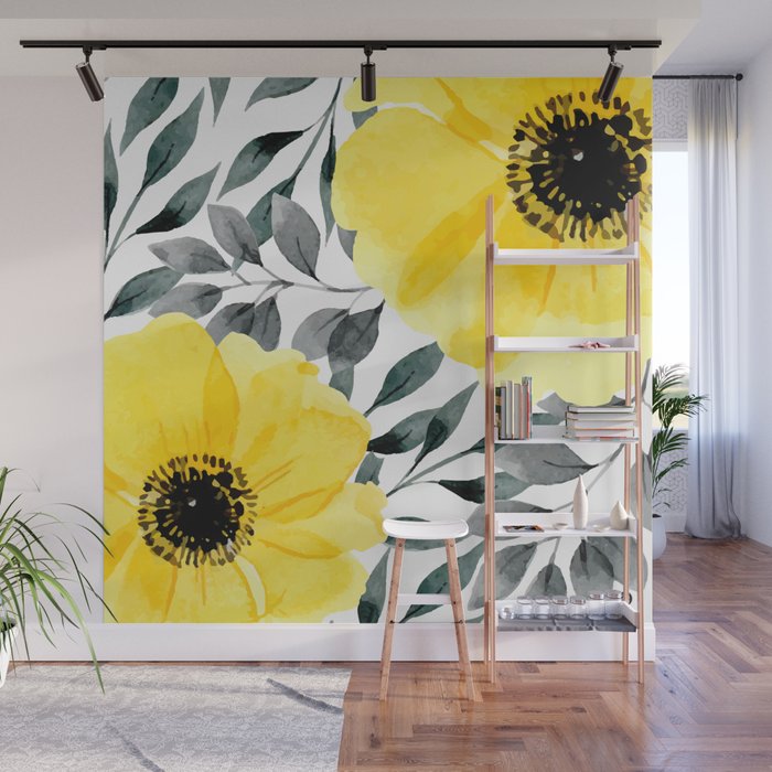 Big yellow watercolor flowers Wall Mural Gallery Image 1