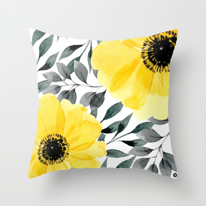 Big yellow watercolor flowers Throw Pillow Gallery Image 6
