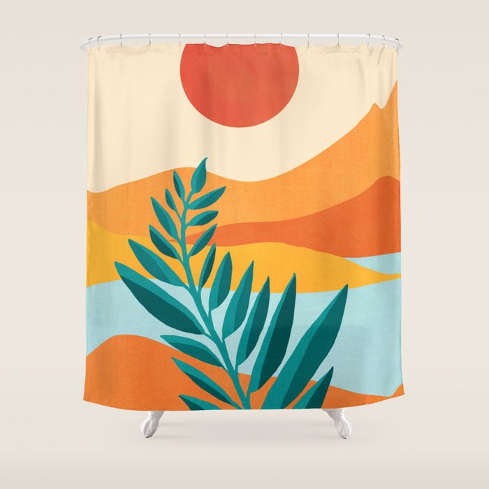 Mountain Sunset Colorful Landscape Illustration Shower Curtain Gallery Image 1
