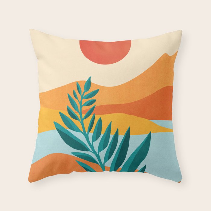 Mountain Sunset Colorful Landscape Illustration Throw Pillow Gallery Image 1