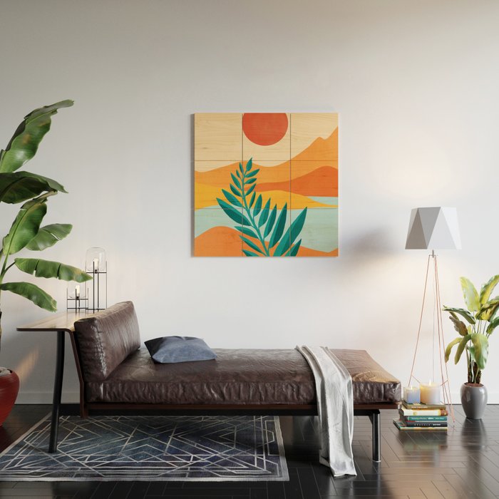 Mountain Sunset Colorful Landscape Illustration Wood Wall Art Gallery Image 2