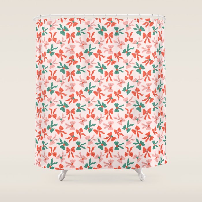 Playful Scattered Coquette Bows Festive Green Red and Pink Shower Curtain Gallery Image 1
