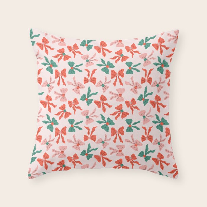 Playful Scattered Coquette Bows Festive Green Red and Pink Throw Pillow Gallery Image 1