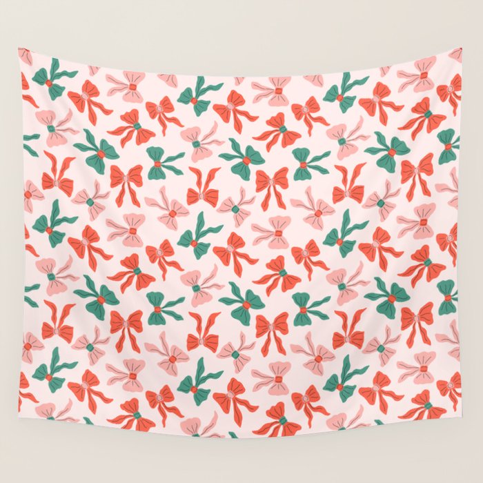 Playful Scattered Coquette Bows Festive Green Red and Pink Wall Tapestry Gallery Image 4