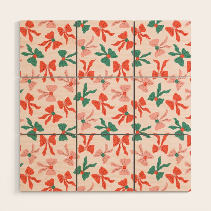 Playful Scattered Coquette Bows Festive Green Red and Pink Wood Wall Art Gallery Image 1