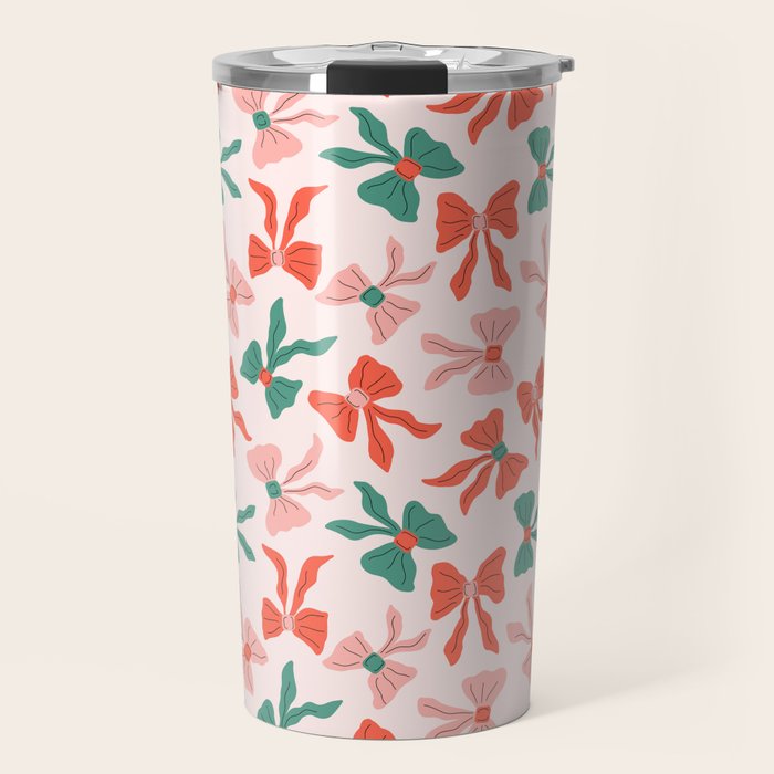 Playful Scattered Coquette Bows Festive Green Red and Pink Travel Mug Gallery Image 1