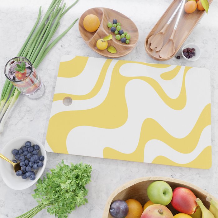 Retro Liquid Swirl Contemporary Abstract Pattern 2 in Yellow and White Cutting Board Gallery Image 2