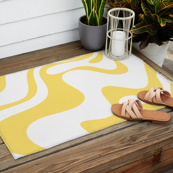Retro Liquid Swirl Contemporary Abstract Pattern 2 in Yellow and White Outdoor Rug Gallery Image 2