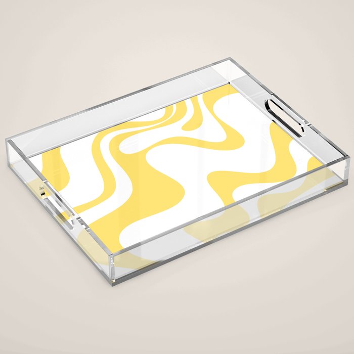 Retro Liquid Swirl Contemporary Abstract Pattern 2 in Yellow and White Acrylic Tray Gallery Image 1