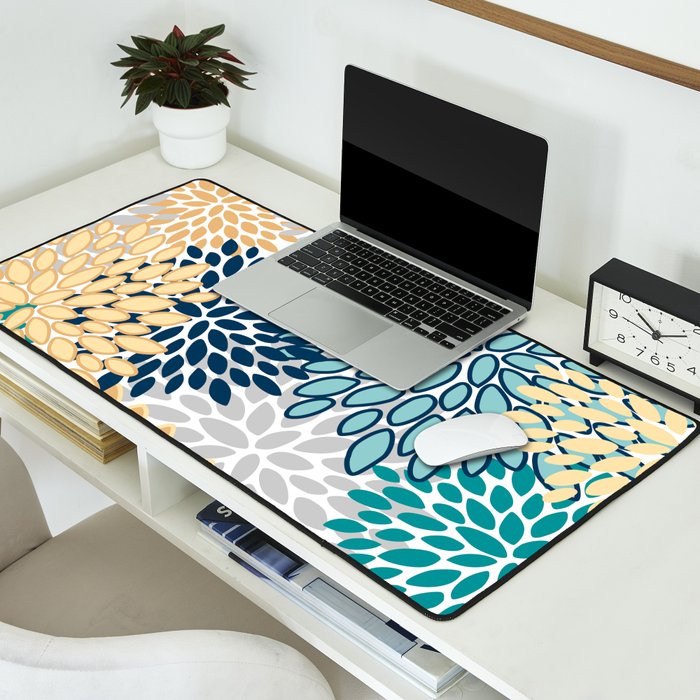 Floral Blooms, Yellow, Teal, Blue, Gray Desk Mat Gallery Image 2