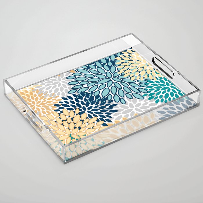 Floral Blooms, Yellow, Teal, Blue, Gray Acrylic Tray Gallery Image 1