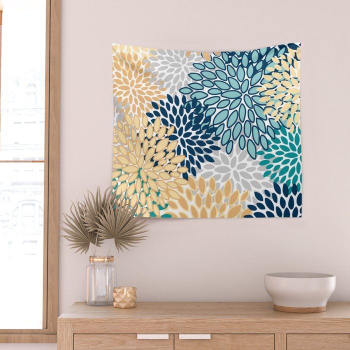 Floral Blooms, Yellow, Teal, Blue, Gray Wall Tapestry Gallery Image 2
