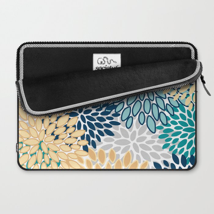 Floral Blooms, Yellow, Teal, Blue, Gray Laptop Sleeve Gallery Image 2