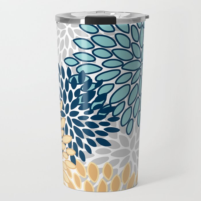 Floral Blooms, Yellow, Teal, Blue, Gray Travel Mug Gallery Image 1