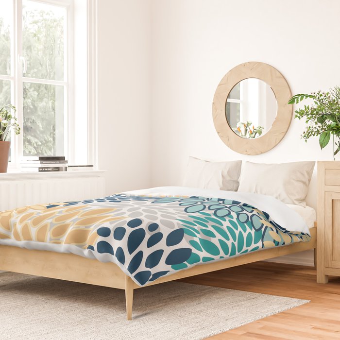 Floral Blooms, Yellow, Teal, Blue, Gray Duvet Cover Gallery Image 2
