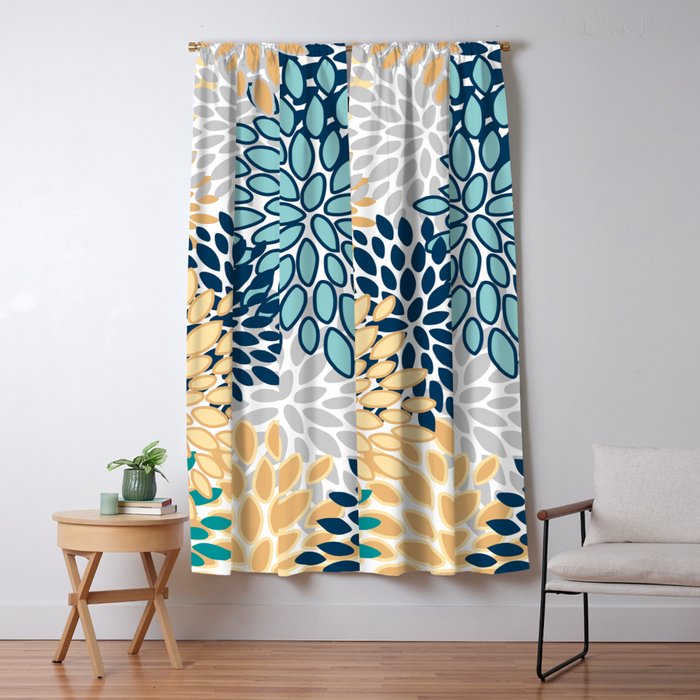 Floral Blooms, Yellow, Teal, Blue, Gray Window Curtain Gallery Image 5