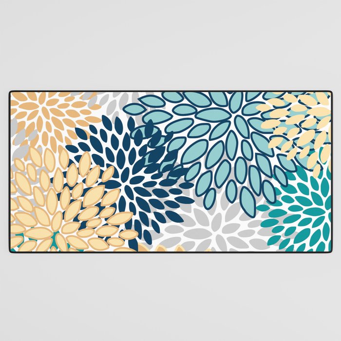 Floral Blooms, Yellow, Teal, Blue, Gray Desk Mat Gallery Image 3