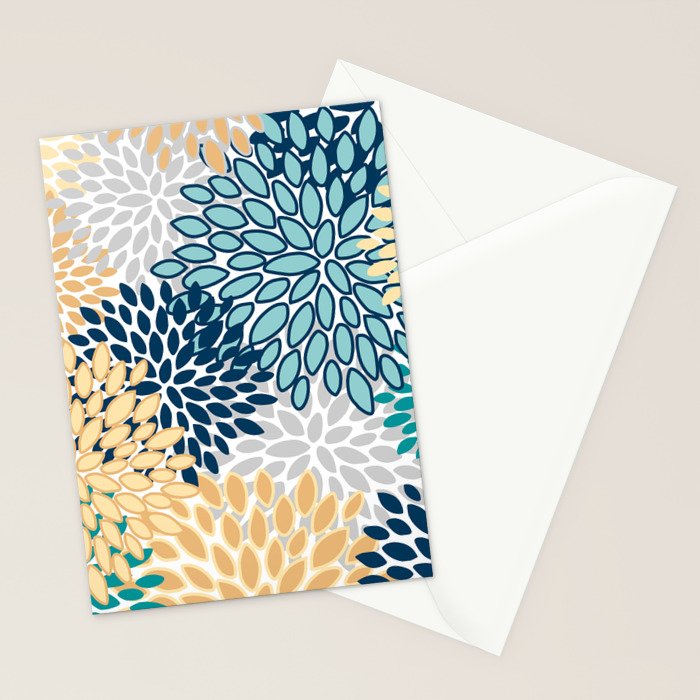 Floral Blooms, Yellow, Teal, Blue, Gray Stationery Card Gallery Image 2