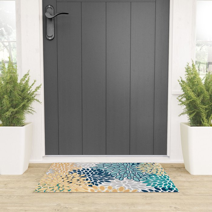 Floral Blooms, Yellow, Teal, Blue, Gray Welcome Mat Gallery Image 3
