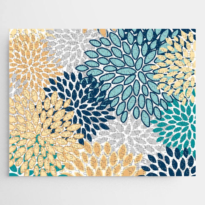 Floral Blooms, Yellow, Teal, Blue, Gray Jigsaw Puzzle Gallery Image 1