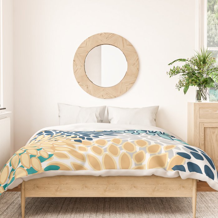 Floral Blooms, Yellow, Teal, Blue, Gray Duvet Cover Gallery Image 3