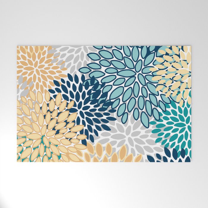 Floral Blooms, Yellow, Teal, Blue, Gray Welcome Mat Gallery Image 1
