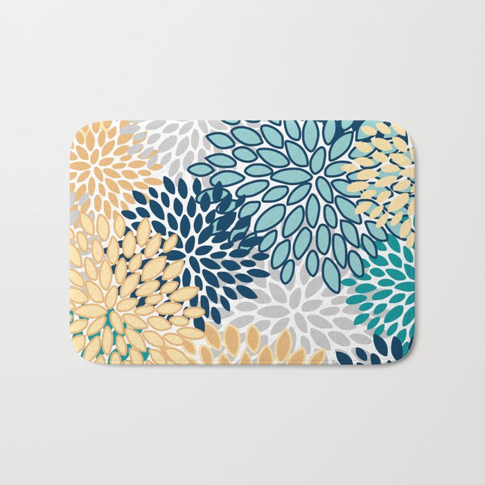 Floral Blooms, Yellow, Teal, Blue, Gray Bath Mat Gallery Image 1