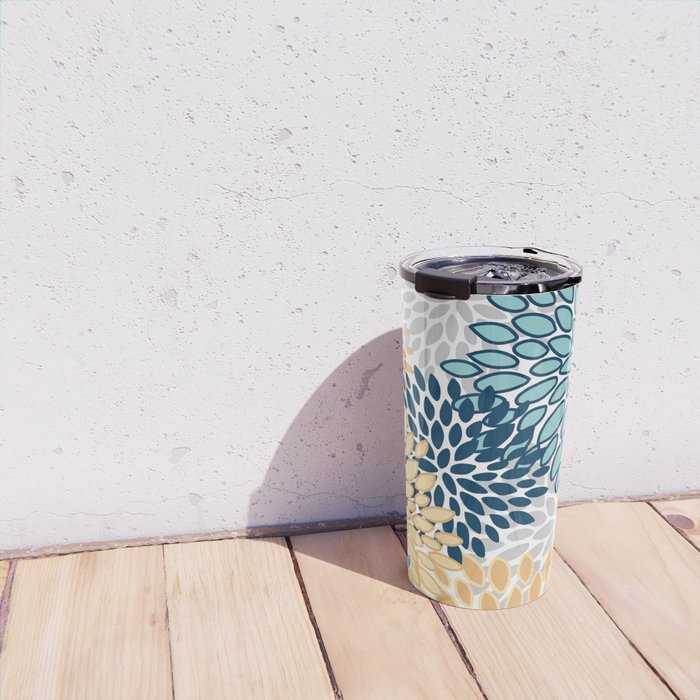Floral Blooms, Yellow, Teal, Blue, Gray Travel Mug Gallery Image 4