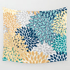 Floral Blooms, Yellow, Teal, Blue, Gray Wall Tapestry Gallery Image 4