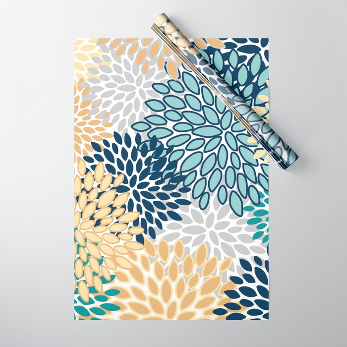 Floral Blooms, Yellow, Teal, Blue, Gray Wrapping Paper Gallery Image 1