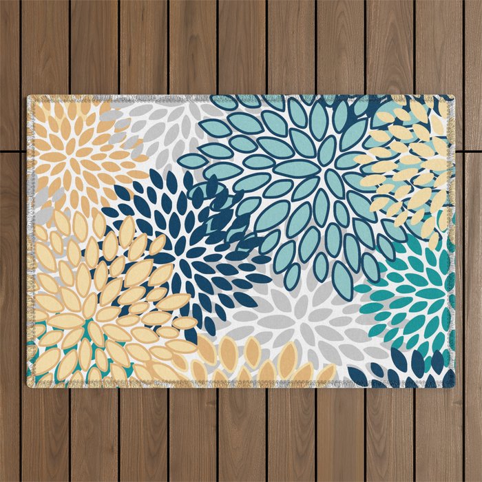 Floral Blooms, Yellow, Teal, Blue, Gray Outdoor Rug Gallery Image 1