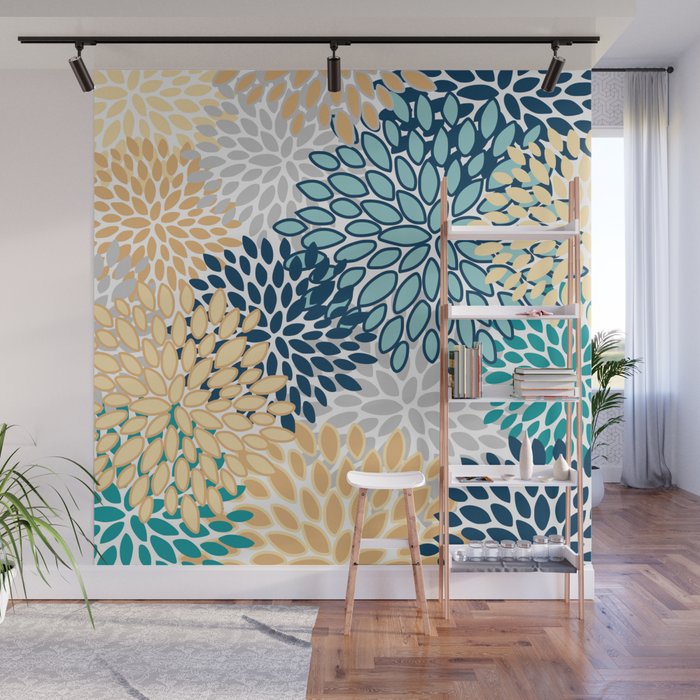 Floral Blooms, Yellow, Teal, Blue, Gray Wall Mural Gallery Image 1