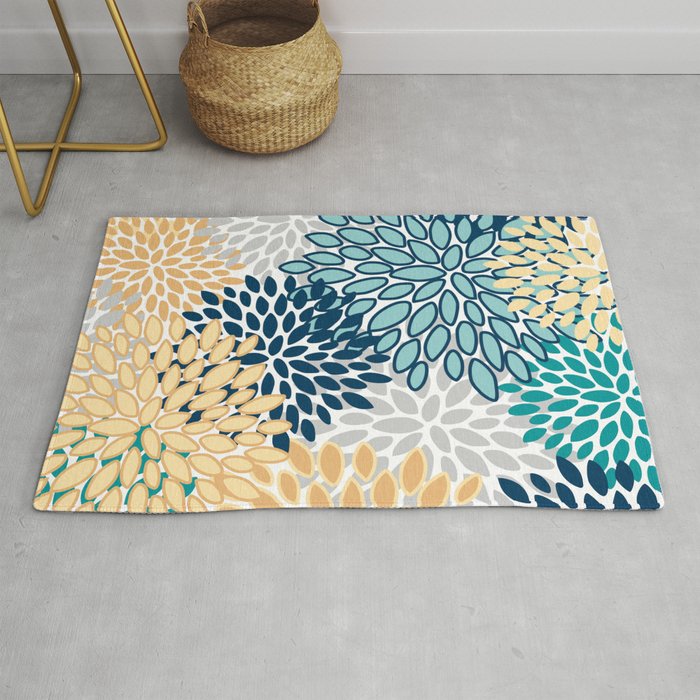 Floral Blooms, Yellow, Teal, Blue, Gray Rug Gallery Image 1
